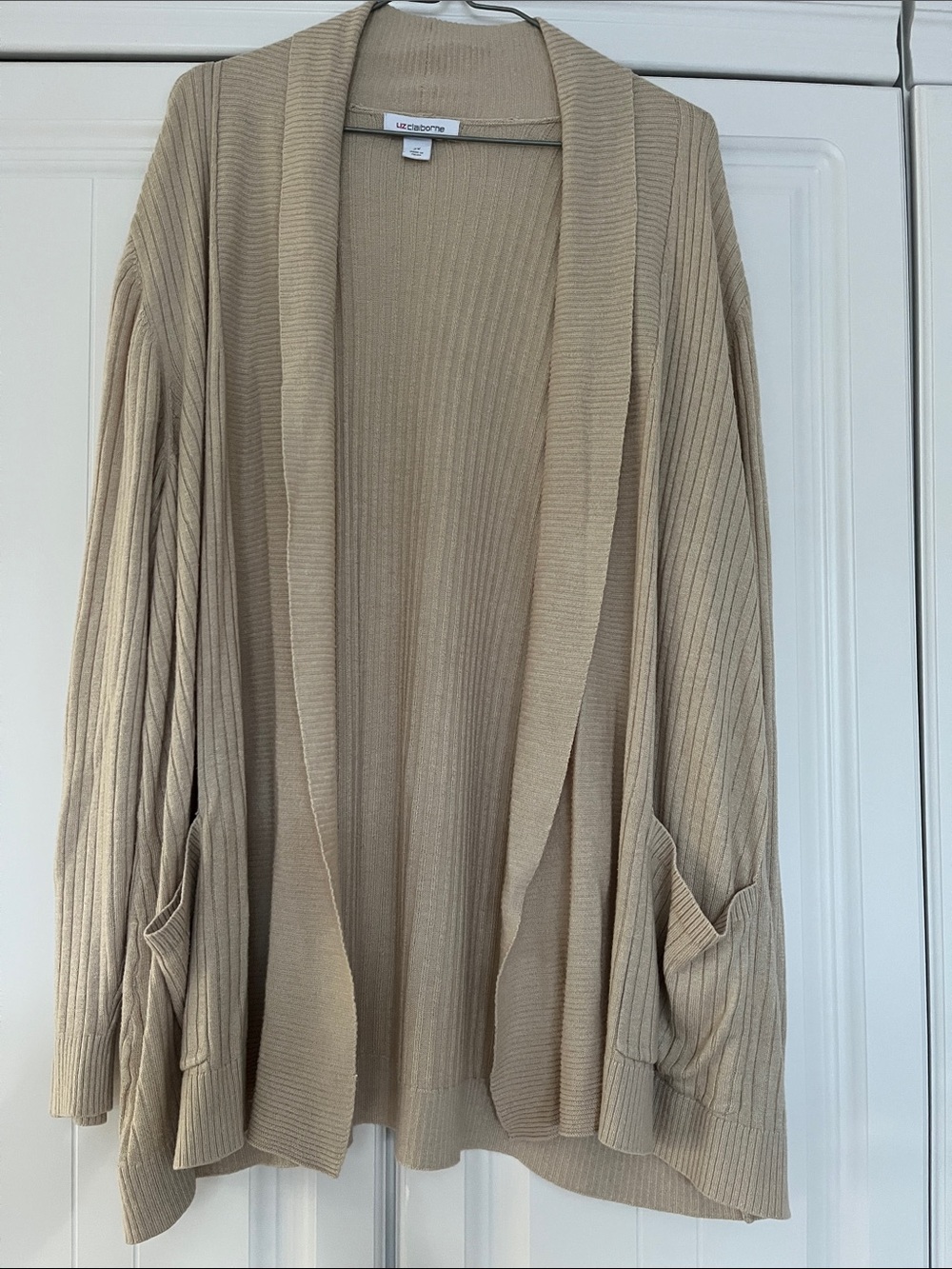 Liz Claiborne Beige Open-Front Ribbed Cardigan